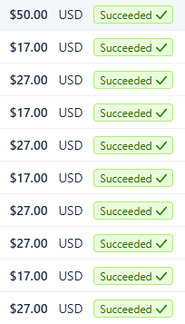 Stripe dashboard showing succeeded payments